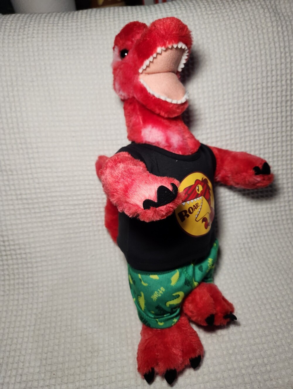 Build-A-Bear Red Dinosaur Plush in Black Tee and Green Shorts